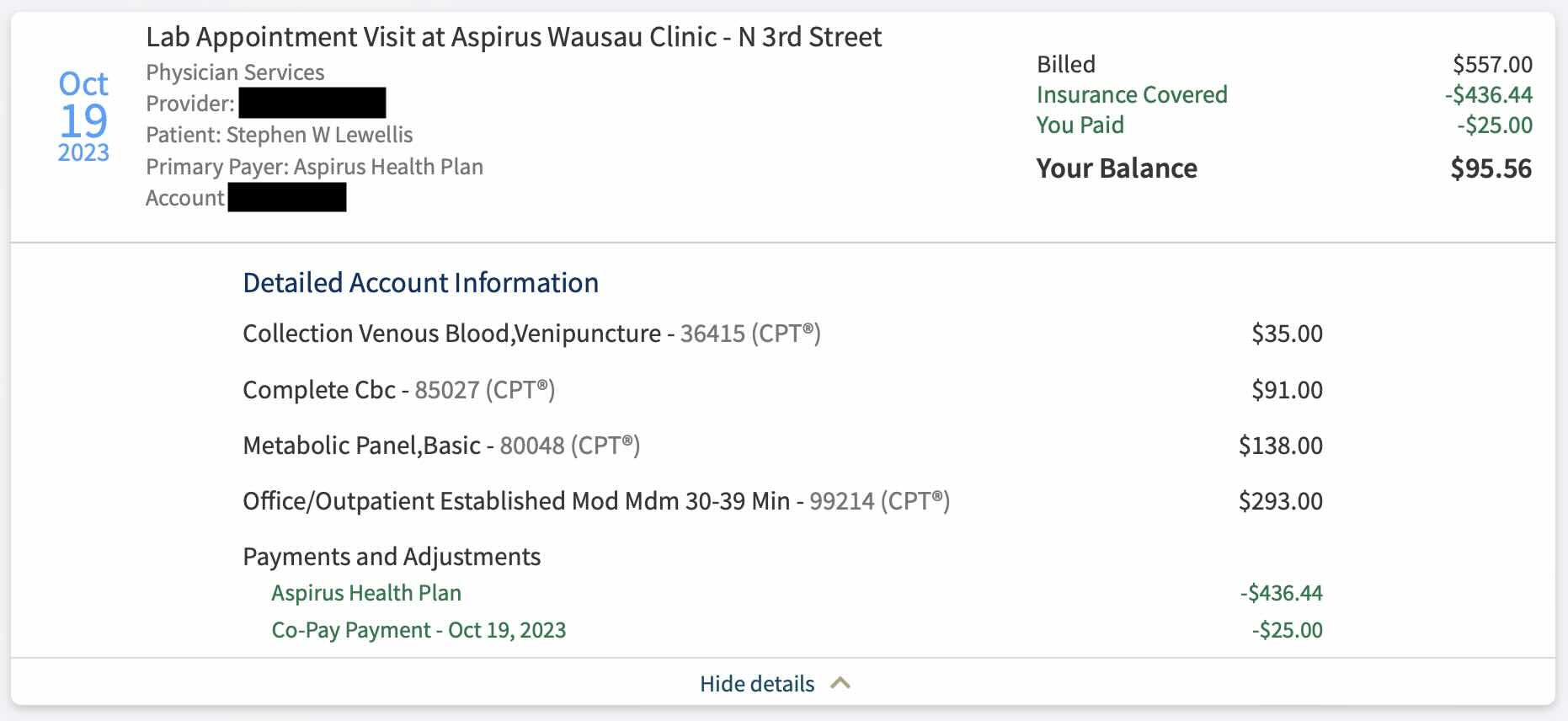 Charges for standard pre-operative labs Aspirus